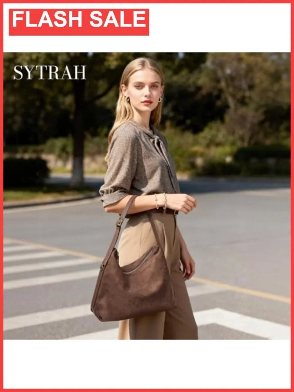 Suede Slouchy Hobo Shoulder Bag Adjustable Strap Multi Pocket Purse
